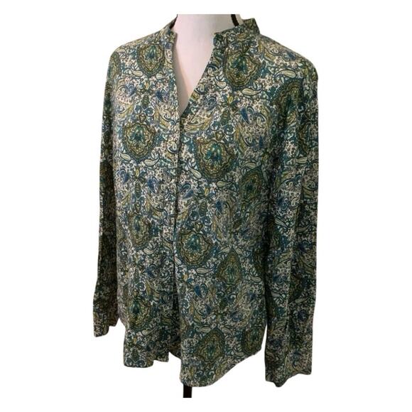 Woman's Blouse Size 16 Charter Club Green Tones Paisley V-Neck Mandarin Collar - Picture 1 of 13